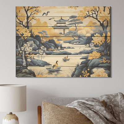 Paysage de Chine bleu et jaune II - impression sur bois de Chine