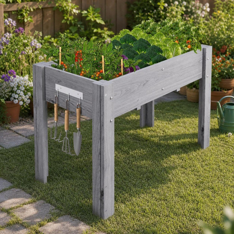 Wood Raised Garden Bed, 57cm H x 119cm W x 57cm D, Gray