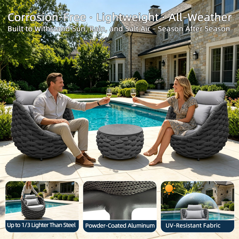 Ensemble de chaises de patio pour 2 personnes avec table basse, 3 Pcs: Table, 2 Chairs, Light Grey, Dark Grey Textilene Rope