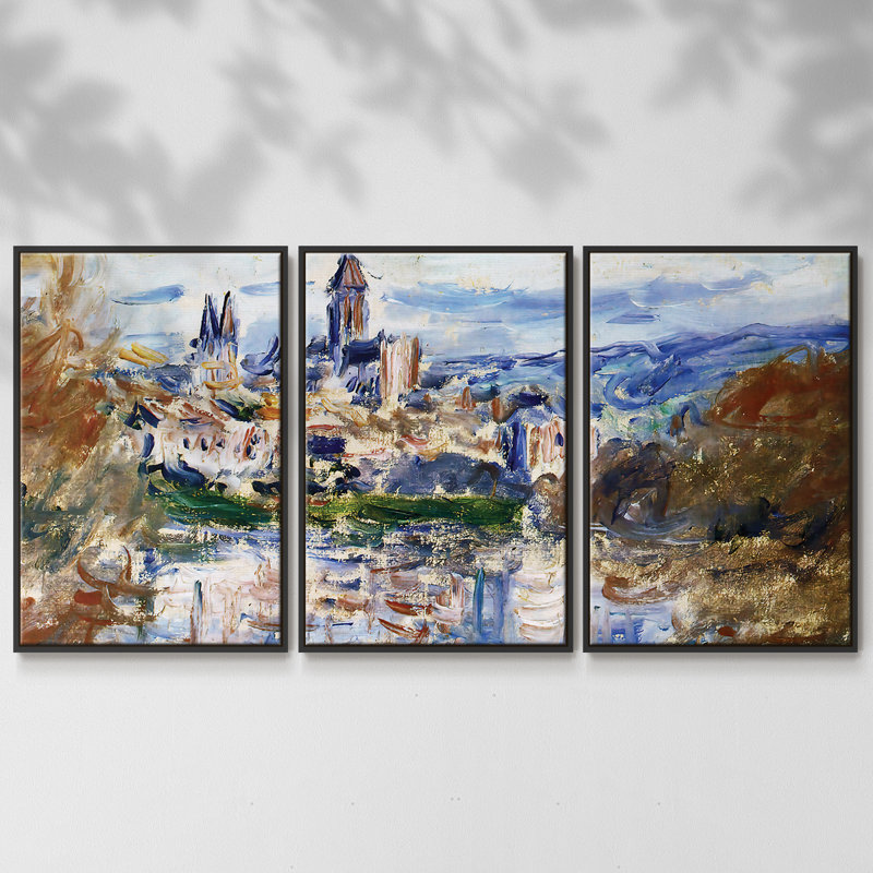 The Village Of Vetheuil, reproduction d'art sur toile 3 pièces, H 24 po x l 48 po, Cadre noir