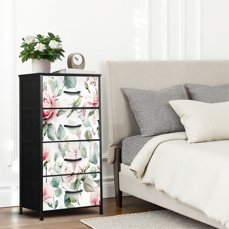 Commode 4 tiroirs pour chambre à coucher, commode étroite, plateau en bois et structure en fer de travail 18 po x 37,5 po - (l x H)