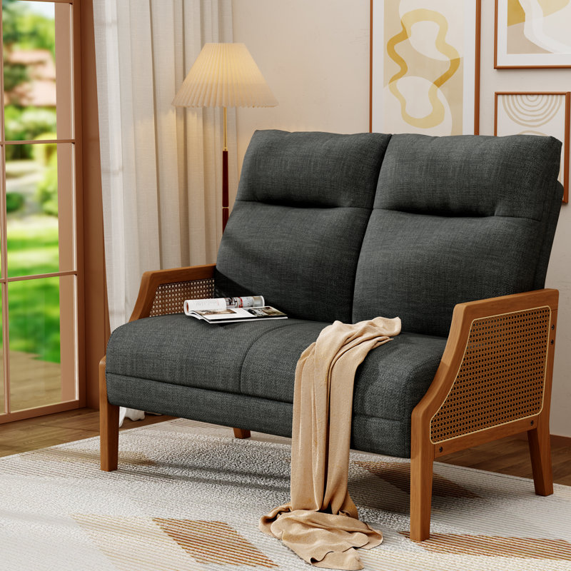 48" Upholstered Loveseat Sofa With Rattan Arms, Gray
