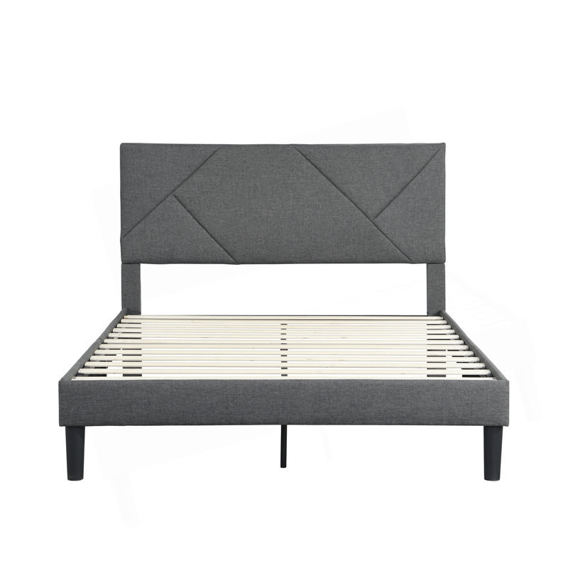 Structure de lit double tapissier pleine grandeur avec tête de lit, support de lattes en bois massif, sommier à ressorts, aucun sommier requis, assemblage facile, gris