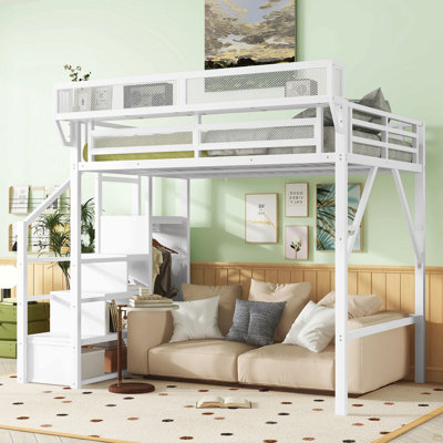 Lit mezzanine double avec escalier, lit mezzanine double en métal avec tablettes de rangement, lit mezzanine haut avec garde-robe
