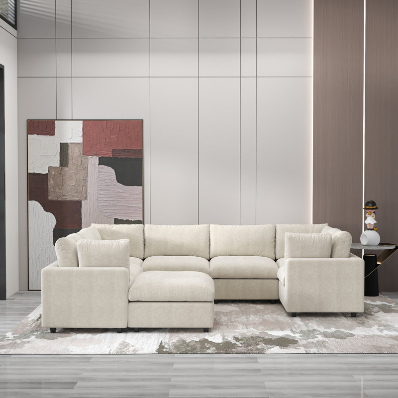 Kessi 8-Piece Upholstered Modern Chenille Fabric Modular Sectional Sofa With Ottoman, Beige Chenille