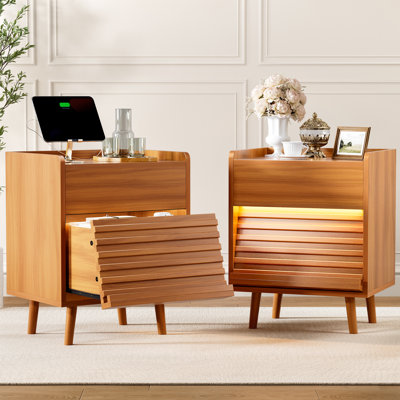 Table de chevet moderne à 2 tiroirs avec prises et lumière DEL (ensemble de 2)