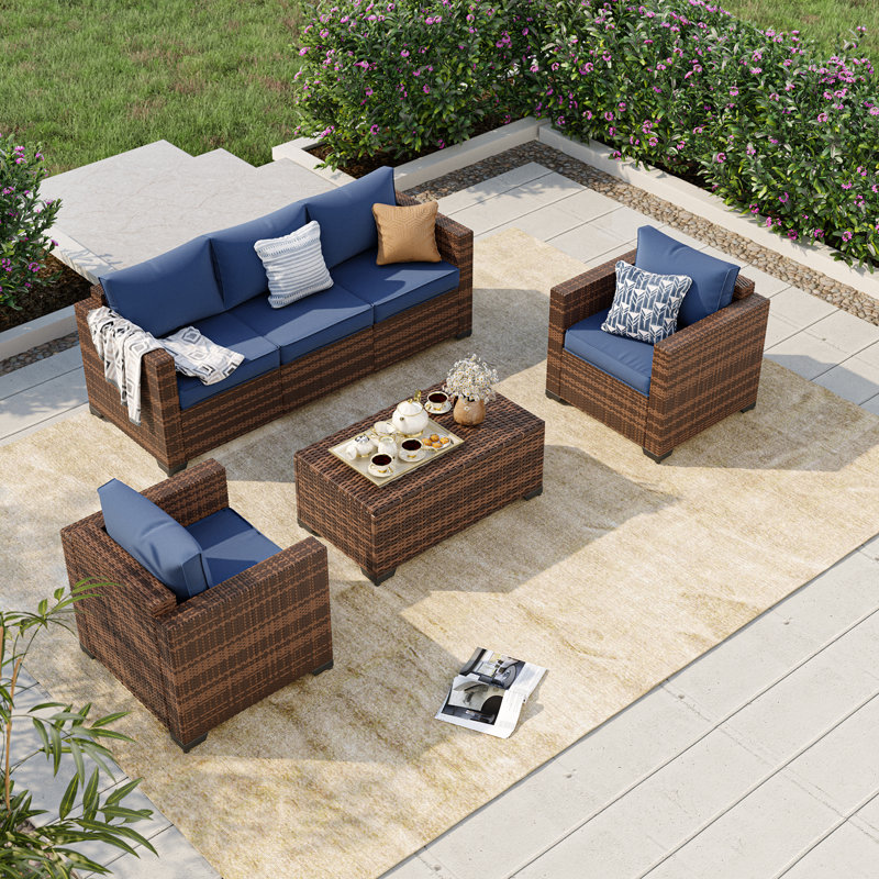 4-Pieces Wide Armrest Outdoor Sectional Rattan Conversation Set with Storage Table., Navy