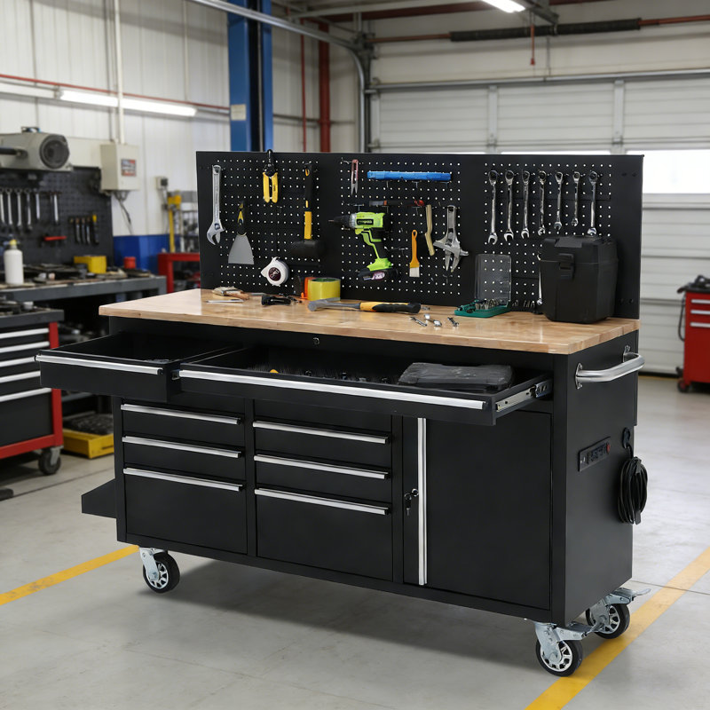 Coffre à outils roulant 61 pouces, établi mobile robuste avec station de charge, 10 tiroirs, panneau perforé, plateau en bois d'hévéa et quatre roues, armoire à outils pour le garage, atelier