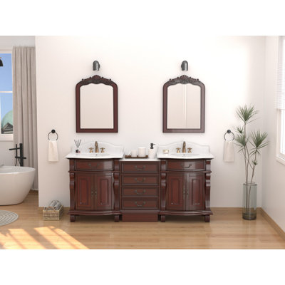 Meuble-lavabo de salle de bain Hopkinton traditionnel autoportant de 78 pouces en bois de cerisier Benton Collection, double lavabo, comptoir en marbre blanc, entièrement assemblé