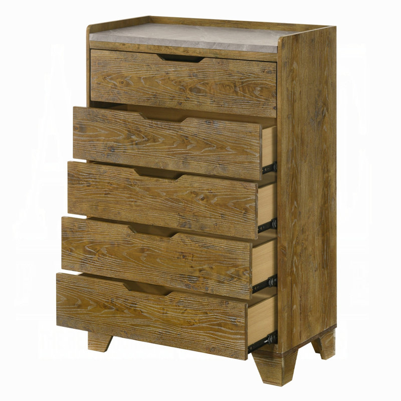 Commode de rangement transitionnelle en bois d'hévéa massif à 5 tiroirs pour chambre à coucher