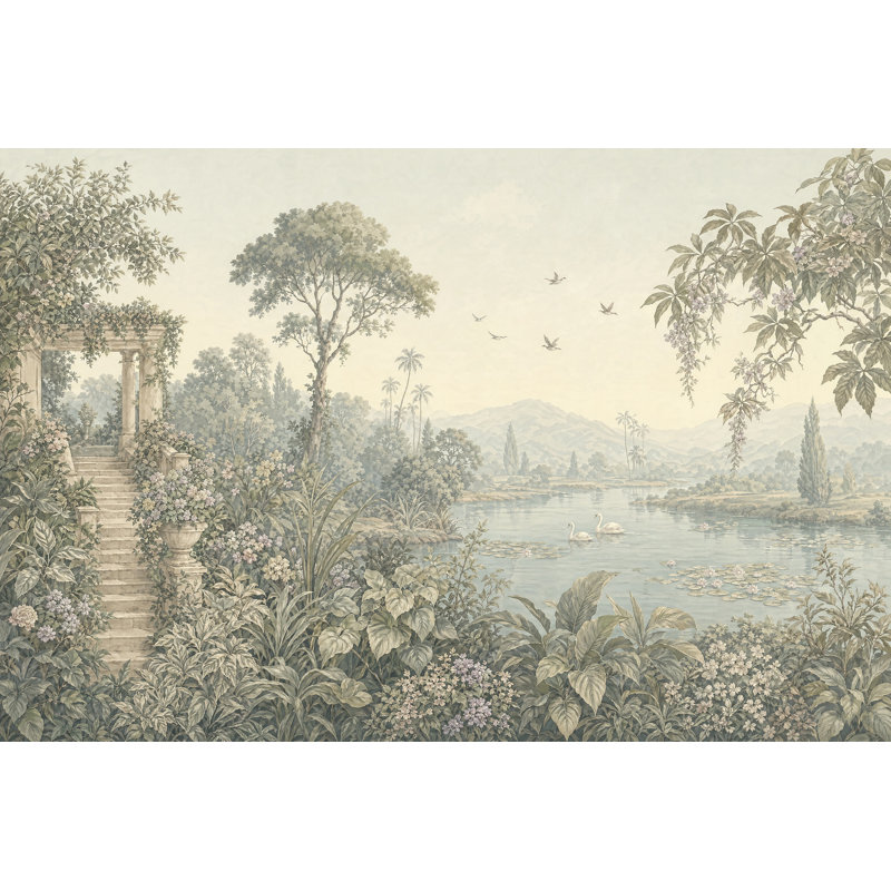 Papier peint pastorale paysage classique jardin terrasse lac avec cygnes décoration murale amovible, Non-Woven Nonpasted
