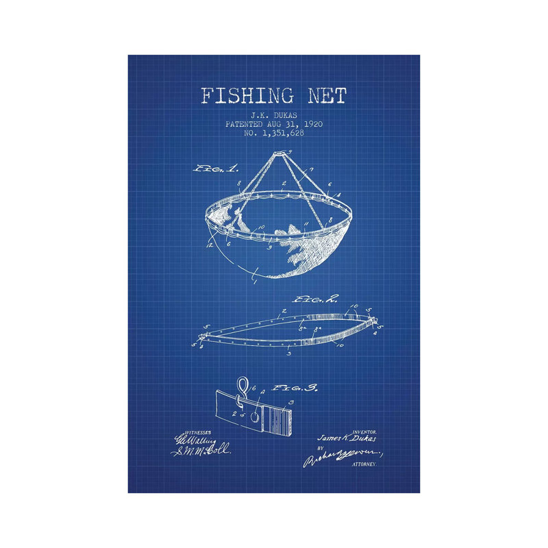 J.K. Dukas Fishing Net Patent Sketch (Blue Grid) by Aged Pixel - Wrapped Canvas Print, 101.6 cm H x 66.04 cm W x 1.91 cm D