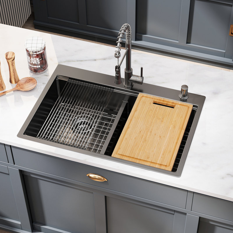 33'' Drop-In Double Bowl 16 Gauge Stainless Steel Kitchen Sink, Black Workstation Topmount Kichen Sink