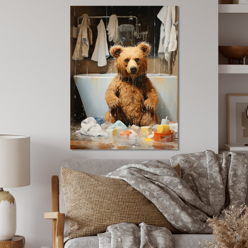 «Bear Bathaign Bubbles 1» - Art mural en métal, H 32 po x l 24 po x P 1 po