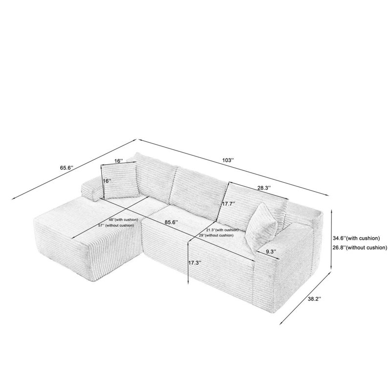 Canapé modulaire de 103,22 po faisant face à la gauche avec méridienne en L, canapé modulaire moderne avec siège profond, fauteuils rembourrés pour la chambre à coucher du salon