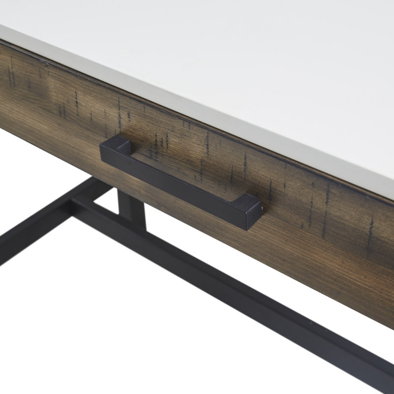 White and Brown Wood Writing Desk with Black Metal Legs and Drawer