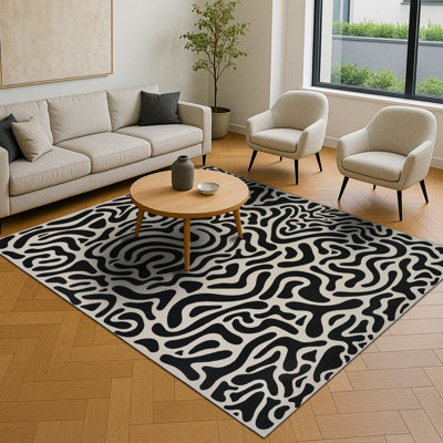 Castille Graffiti Black-White Contemporary Indoor/Outdoor Rug In Animal Print Style, Power-Loomed Polyester And Poly-Chenille Blend, Durable, Easy Clean For Living Room Bedroom Outdoor Patio Home Decor