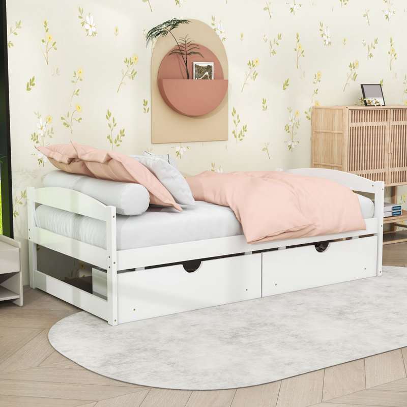 Lit plateforme simple avec tiroirs de rangement intégrés et tête de lit, Blanc