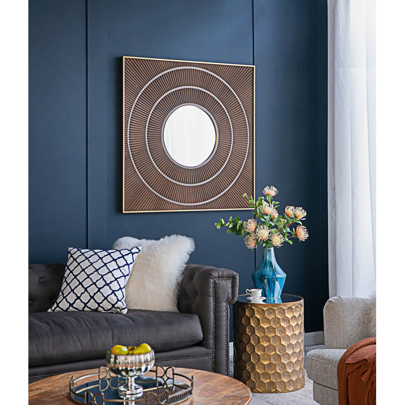 Square Carved Mirror With Pleated Design, Neutral Colorway Wall Decor, Gold/Brown