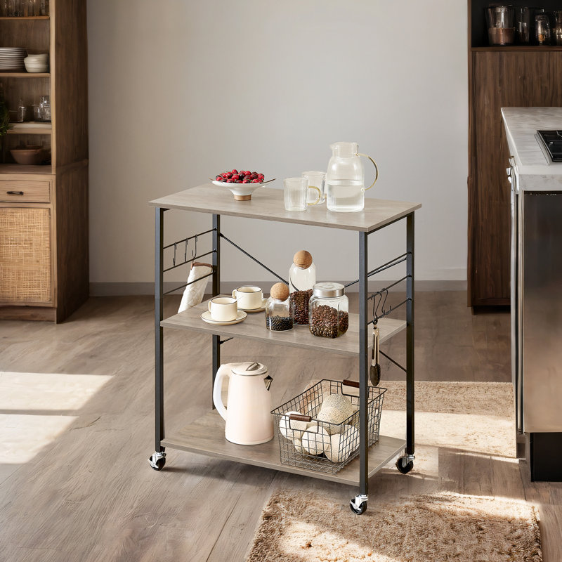Kitchen Shelf On Wheels, Serving Trolley With 3 Shelves, 80X40x89cm, Heather Greige/Black