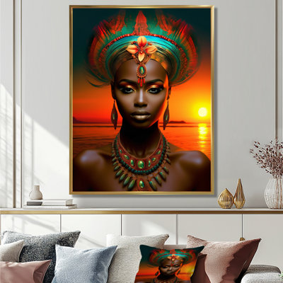 Déesse nubienne, coucher de soleil océan - femme afro-américaine, art mural dans le salon
