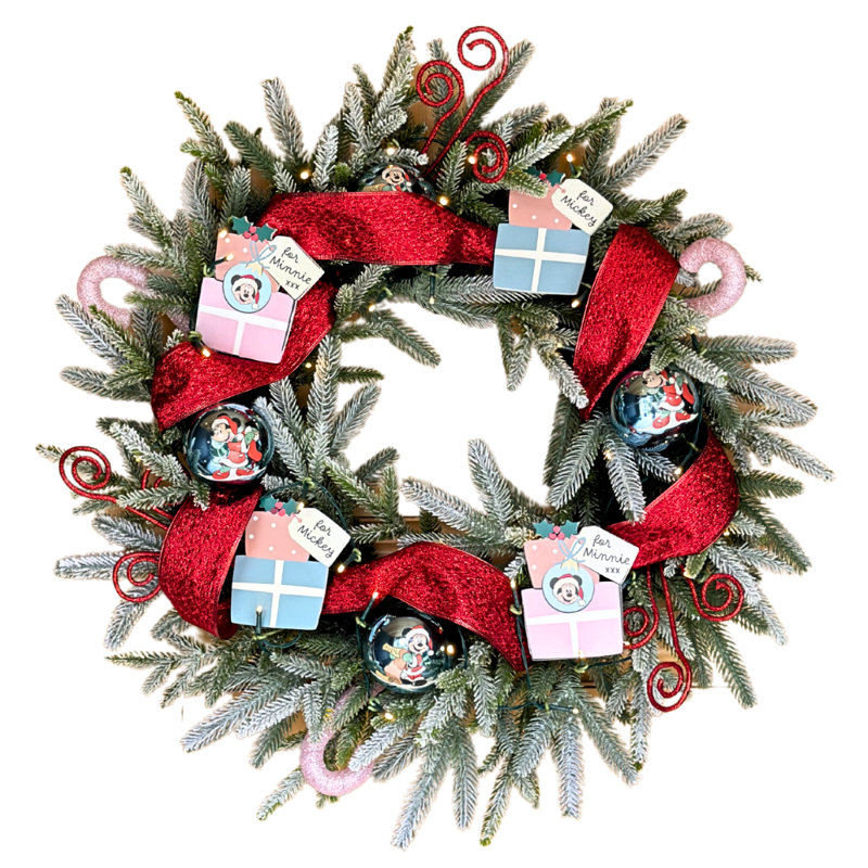Disney Mickey Mouse and Minnie Mouse 26" Flocked Pre-Lit Christmas Wreath with LED Lights