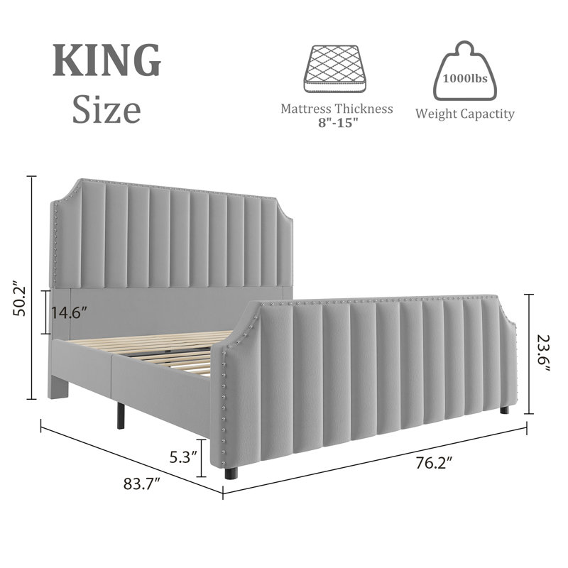 Bed Frame with 50.2" Headboard, Upholstered Platform Bed Frame with Vertical Channel Tufted Velvet Fabric, Extra Large Tufted headboard, Nailhead Trim, No Box Spring Needed