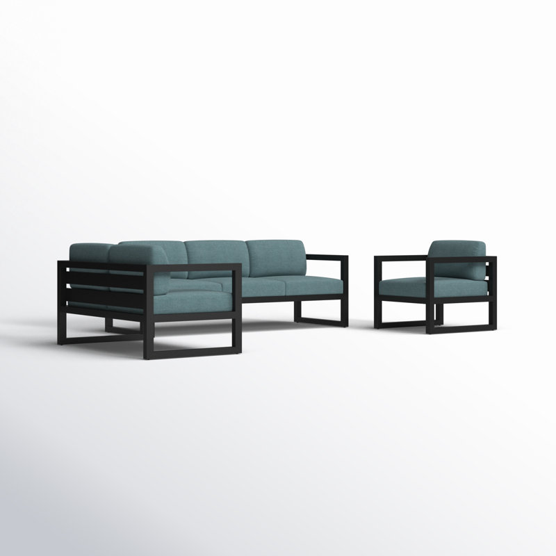 Avion 3 Piece Sofa Loveseat Set, Cast Lagoon Sunbrella® Plainweave, Black