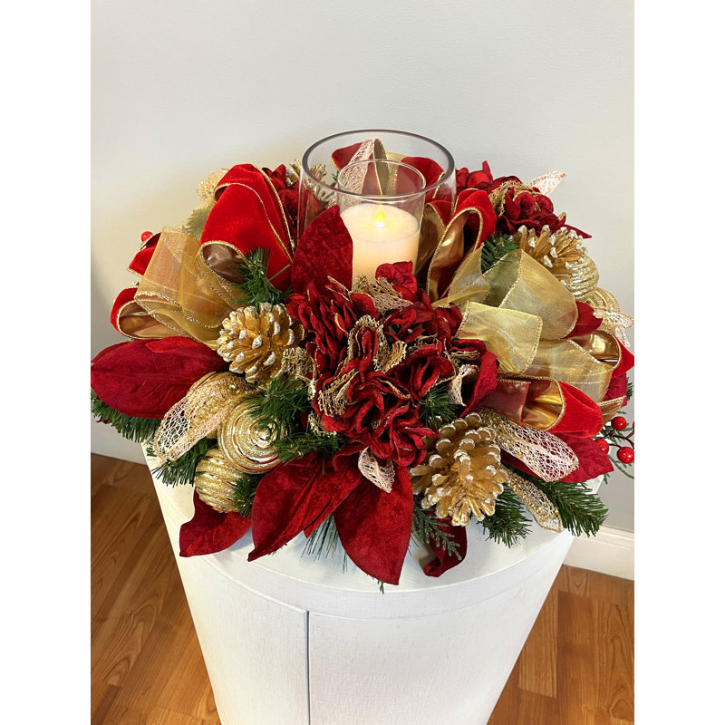 Holiday Candleholder Centerpiece with Hydrangeas, Ornaments and Decorative Leaves
