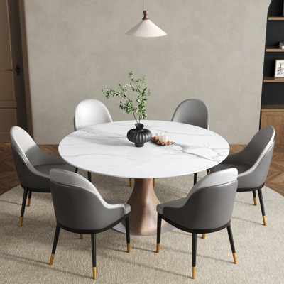 7-Piece Modern Round Conde For 6, Sintered Stone Tabletop Kitchen Conde With PU Upholstered Chairs