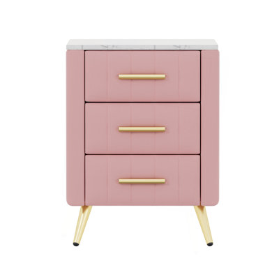 Upholstered Wooden Nightstand With 3 Drawers And Metal Legs&Handles, Bedside Table With Marbling Worktop