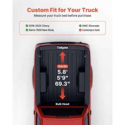 Couvre-benne souple enroulable pour camionnette, compatible avec les modèles Chevy Silverado/GMC Sierra 1500 (nouvelle carrosserie) de 2019 à 2025, convient aux bennes de 1,77 m (5 pi 9 po/69,3 po), couvre-benne en PVC avec barres de support en alliage d'aluminium.