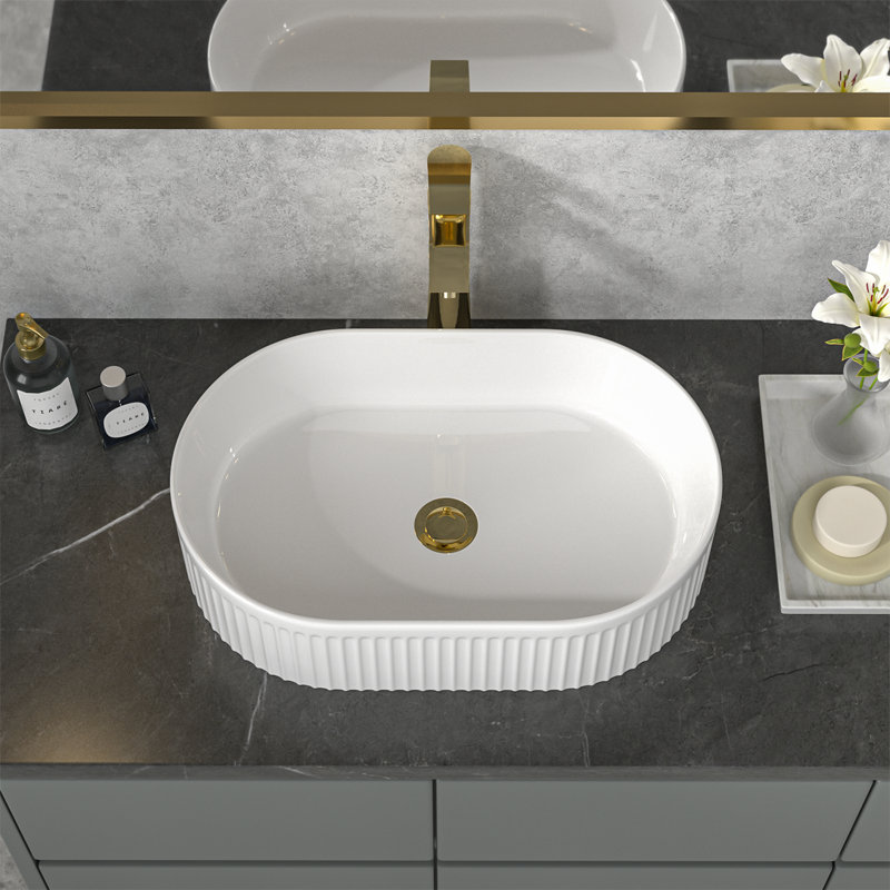 Sarlai 19"L x 12"W Bathroom Sink Ceramic Oval Vessel Sink with Decorative Slotted Lines