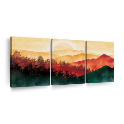 Coucher de soleil, paysage de forêt, 3 pièces