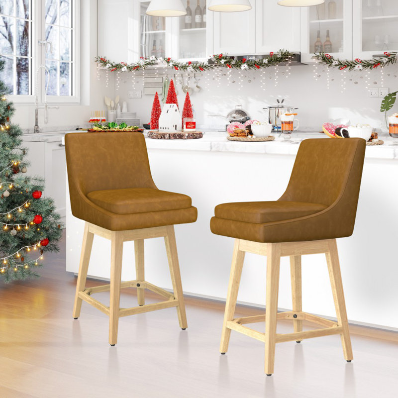 Honya Swivel Counter & Bar Stool with Solid Wood Frame (set of 4), Brown, 2, Counter Stool (26.7" Seat Height)