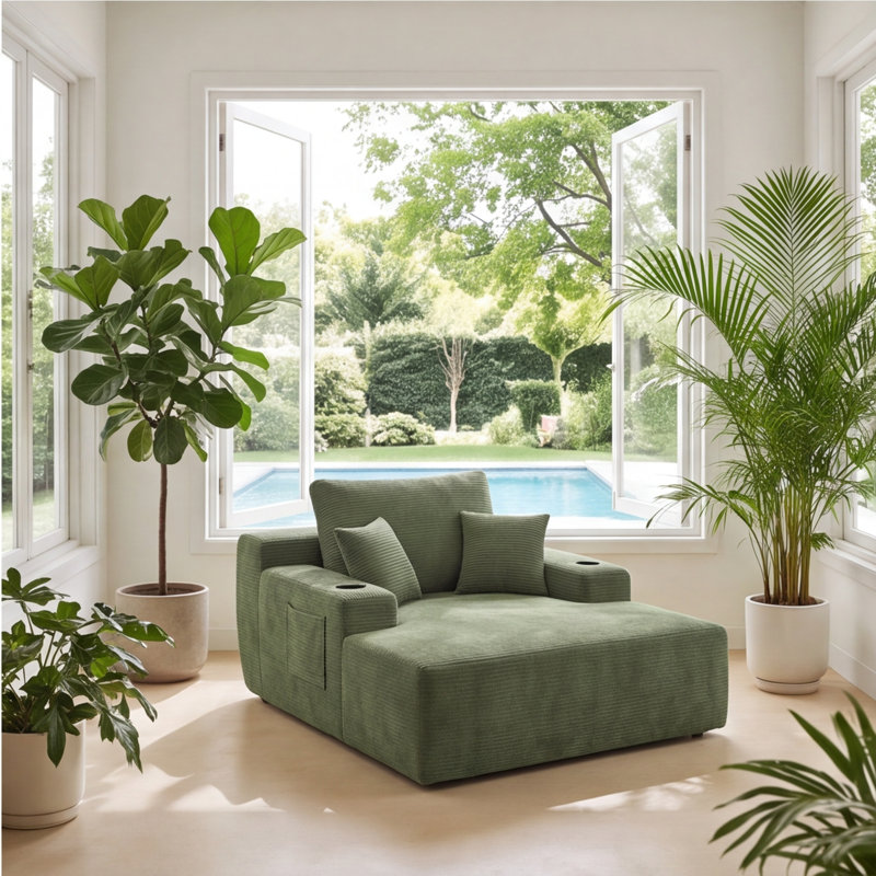 Méridienne convertible en velours côtelé vert avec porte-gobelet, accoudoirs larges et coussins décoratifs - canapé-lit sans assemblage pour le salon