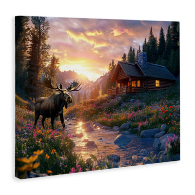 Cozy Cabin Moose Visit Canvas, design by Jim Baldwin