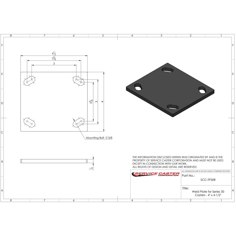 Weld Plate – For Casters with 4 Inch x 4-1/2 Inch Top Plate – Service Caster