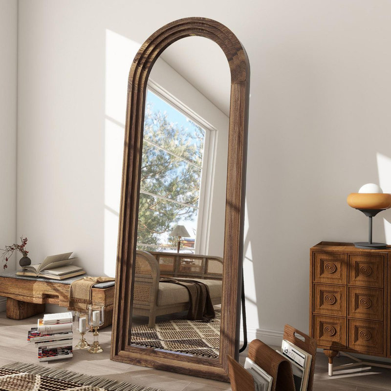 Miroir de plancher rectangulaire en bois arqué, Brun, 65 po x 22 po