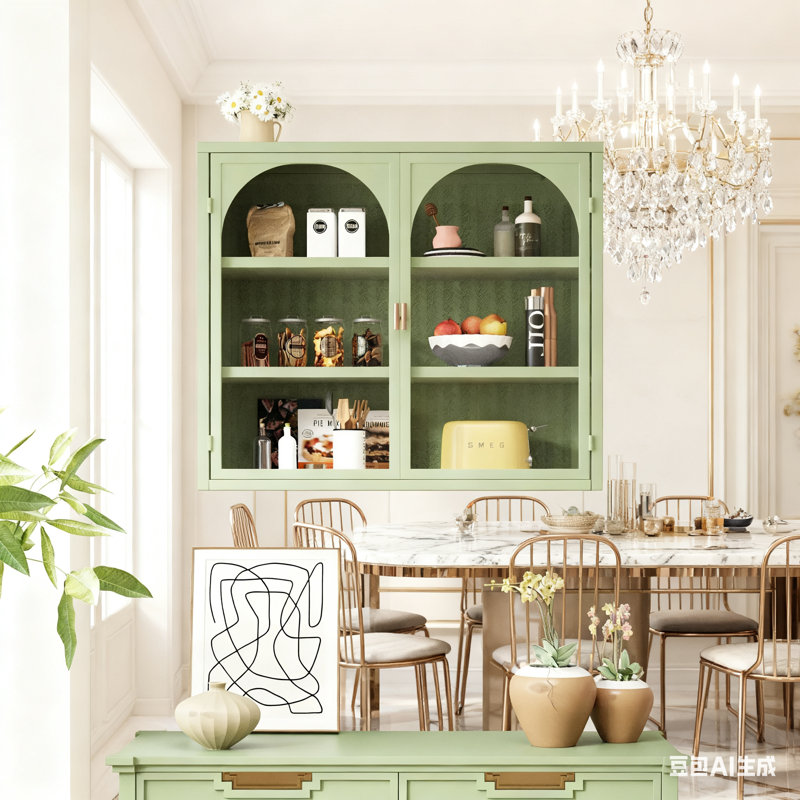 27.56" Modern 2-Door Wall Cabinet (Woven Pattern) - Iron & Tempered Glass, 3-Tier Storage For Entryway/Living Room/Bathroom/Dining Room，Green
