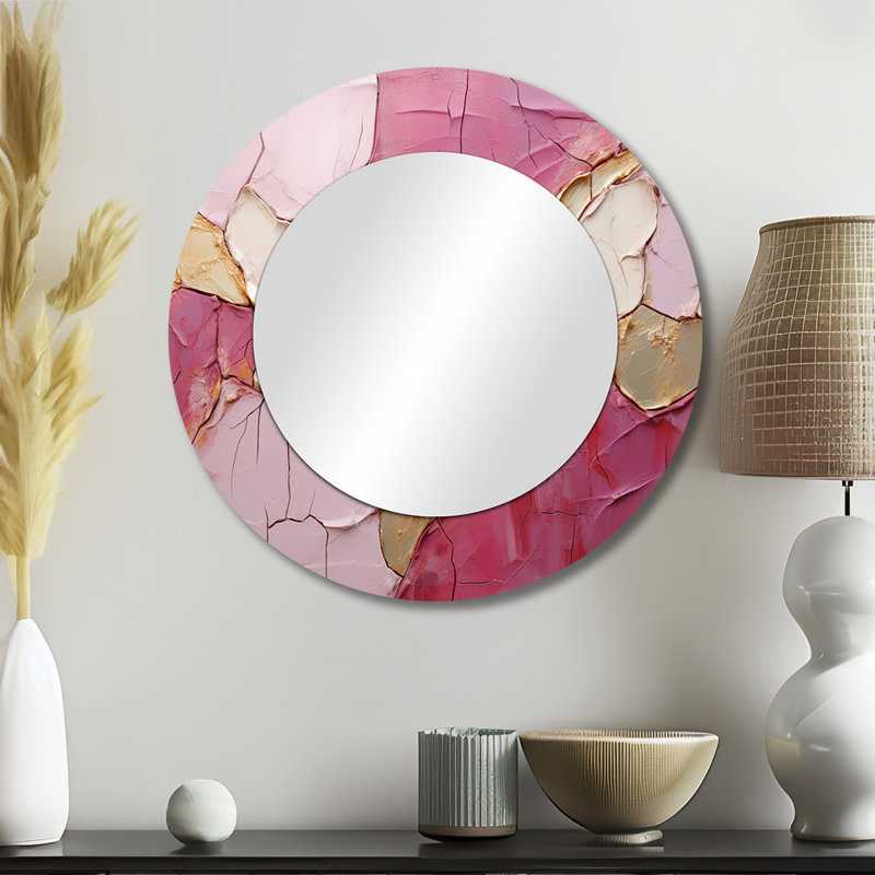Gold Pink Minimalism Poteries - Abstract Spirals Mirror, Modern Round Decorative Wall Mirror, Printed Metal Art, 23" x 23"