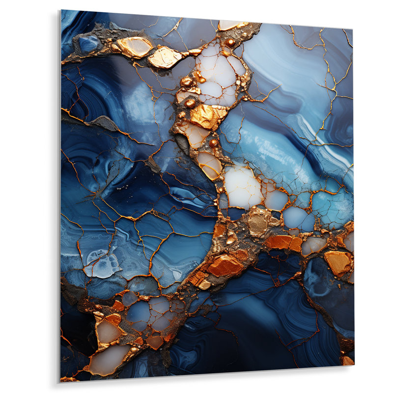 Or et bleu marbre mosaïque agate VI - impression abstraite d'art mural en métal, H 32 po x l 24 po x P 1 po