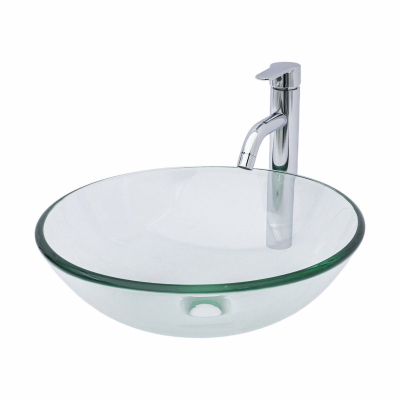 Tempered Glass Vessel Sink, Bathroom Sink With Chrome Faucet And Pop-Up Drain