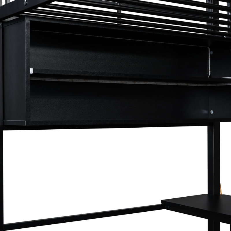 Twin Metal Loft Bed With Led, Desk, Storage - Black Construction Modern Led , And Design, Twin