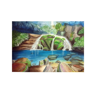 Cascade au bord du lac | Aquarelle sur papier | Par Shruti Tiwari