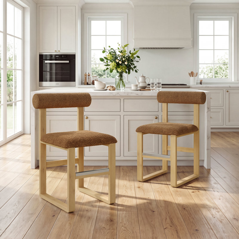 Tabouret de bar et de comptoir rembourré avec base en bois Brayden, Jaune, Orange
