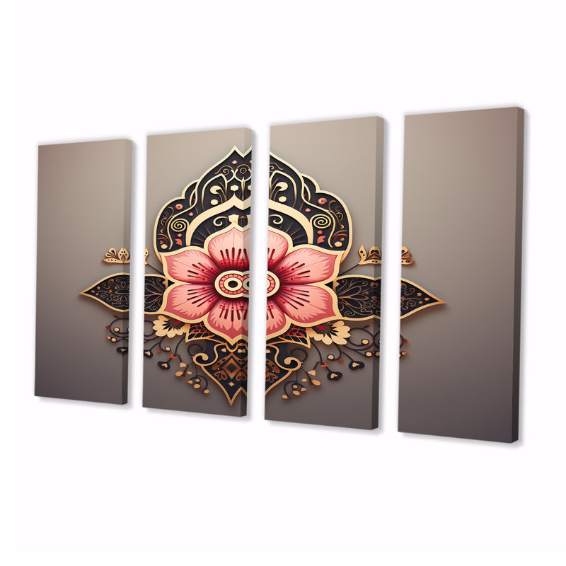 4 pièces de fleurs roses or persan ornemental emblème I - art mural botanique pour le salon, H 28 po x l 48 po