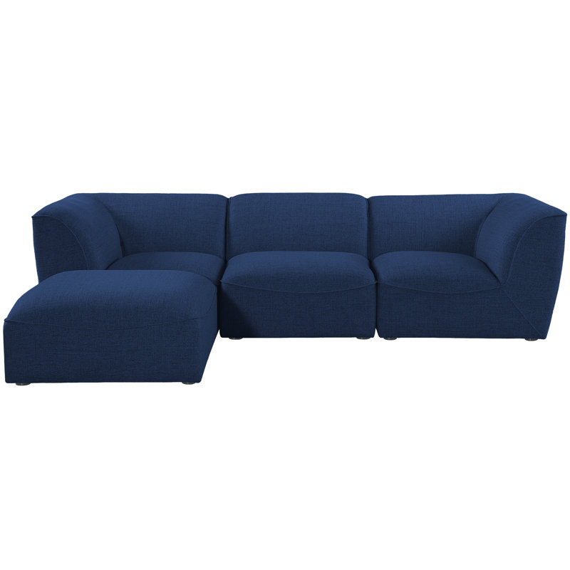 Camani Upholstered L-Shaped Sectional with Ottoman Reversible, Navy Linen Textured Fabric