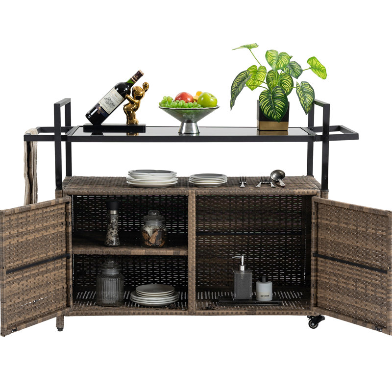 Outdoor Food Beverage Cart With Wheels - Elegant Glass Top For Garden, Poolside Brown Patio Snack Serving Backyard