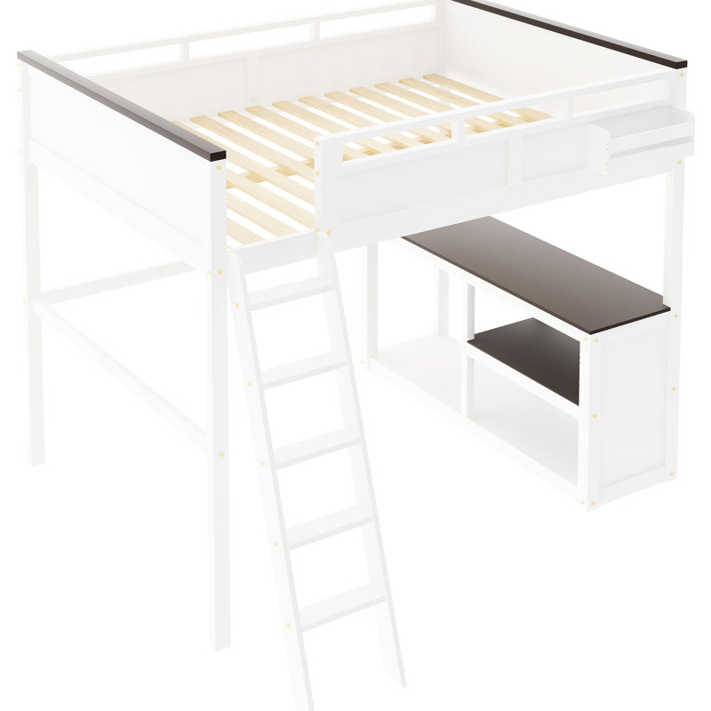 Grand lit mezzanine blanc avec bureau, tablettes de rangement et une boîte